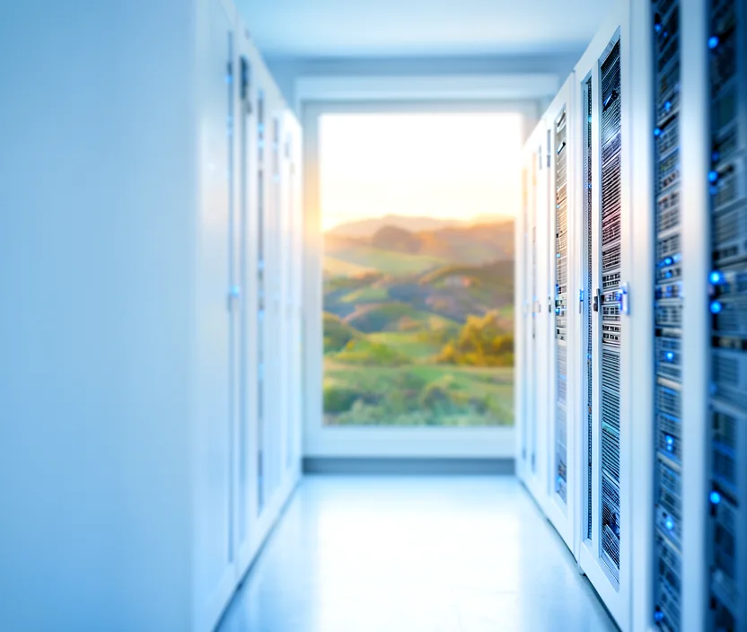 Datacenter con rack bianchi e finestra sulle colline toscane: l'infrastruttura che il SOC protegge